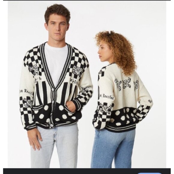 No! Jeans Pop Revolution Black & White Graphic Checkered Cardigan With Floral Kn - Picture 1 of 16